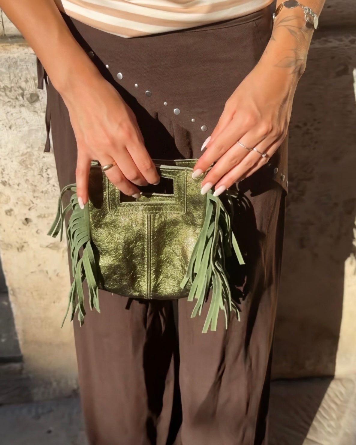 Borsa frange vera pelle laminata